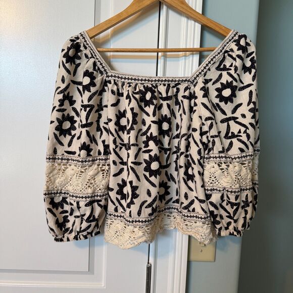 Christian Siriano Sz M Shirt Linen Blend Cream w Black Flowers Crochet Trim Boho - Picture 5 of 7